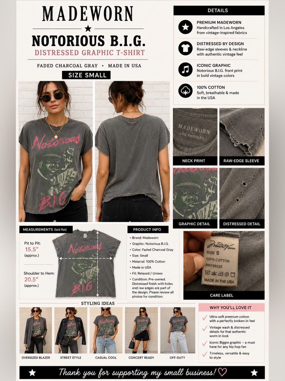 Madeworn Notorious B.I.G. Distressed Graphic T-Shirt Gray Made in USA Women's Sm